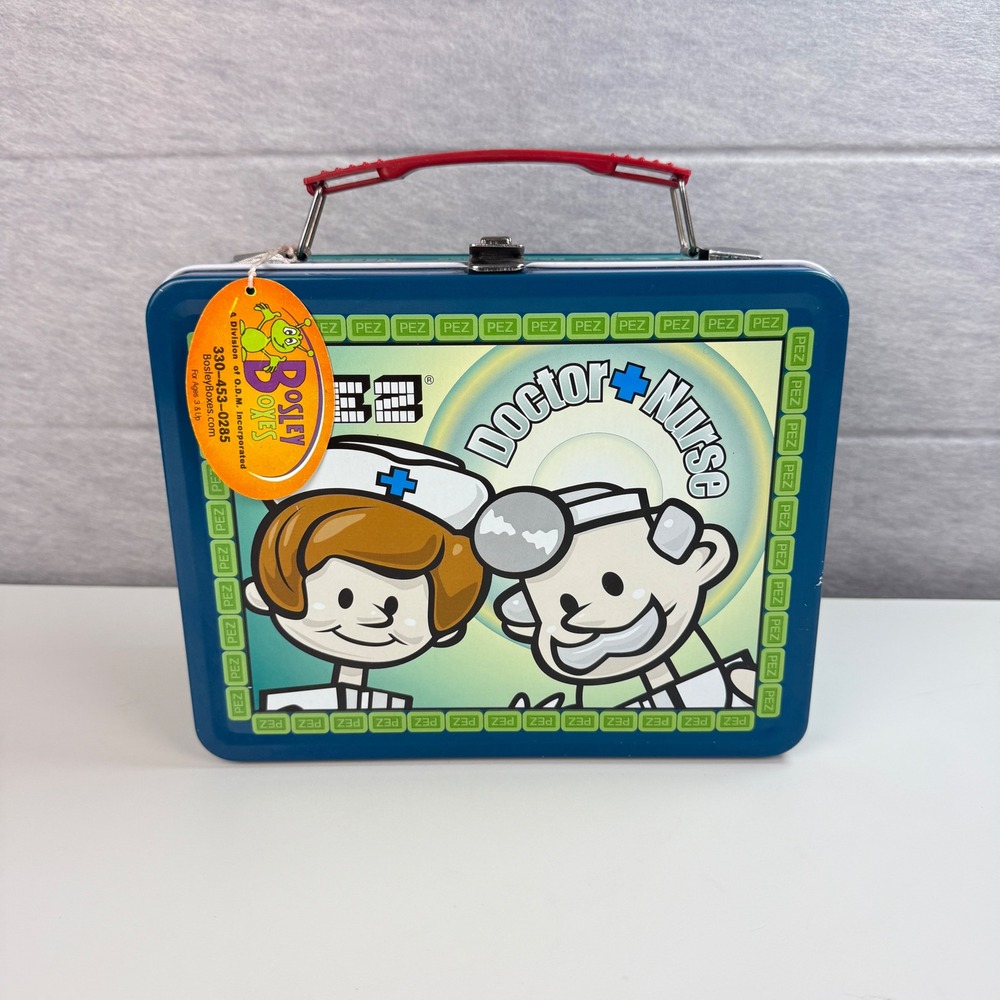 Bosley Boxes Unisex OS PEZ Doctor Nurse Lunch Box Blue 2002 Tin Thermos NWT